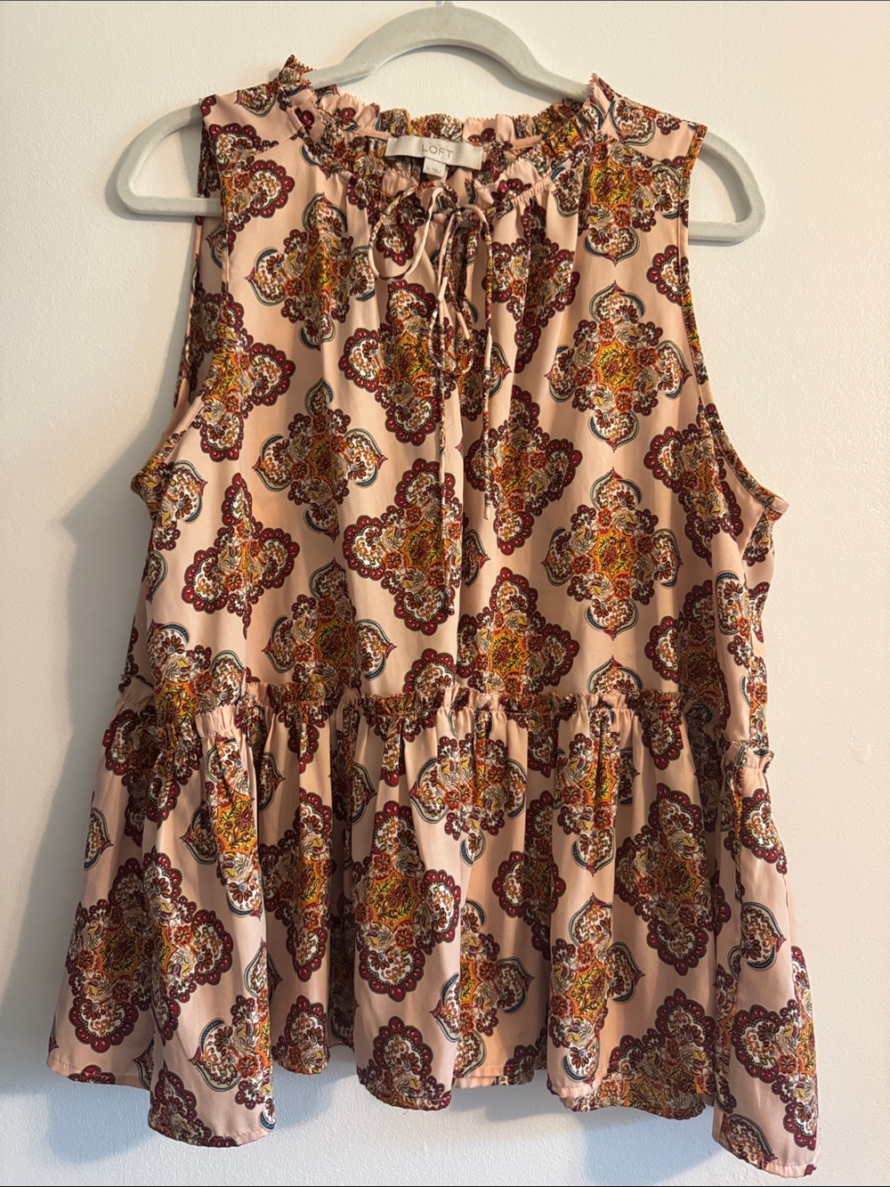 LOFT Blush Paisley Ruffle Neck Peplum Tank